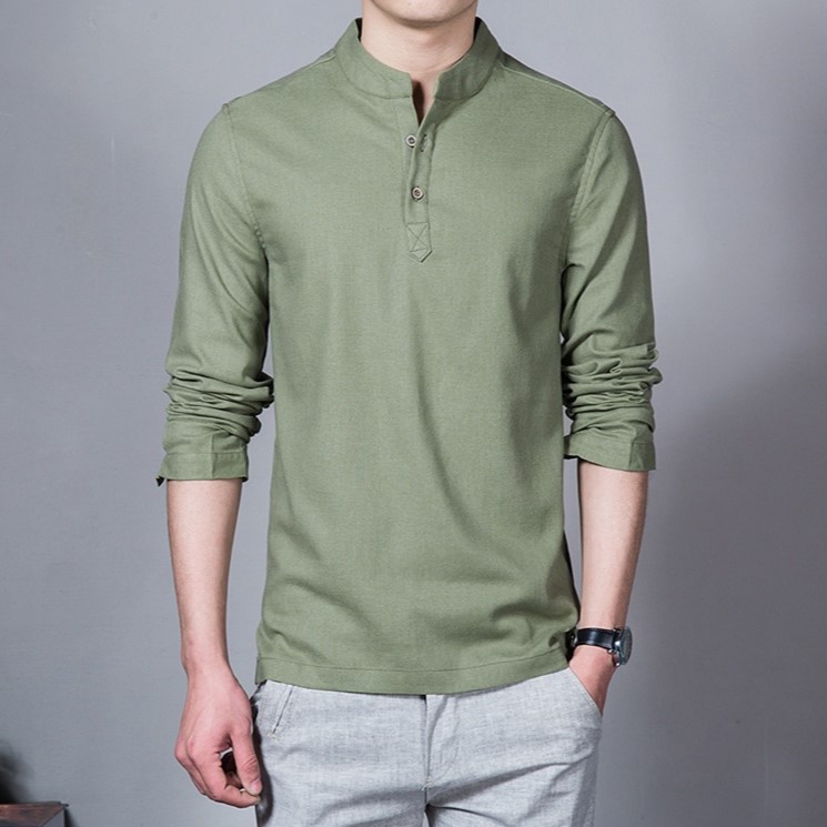 Long Sleeve Slim Fit Men Shirt Stand Collar Plain Casual Linen Shirt Men Pullover - Army Green - Image 1
