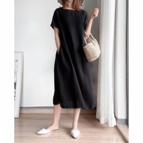 Korean Simple Art Dress Cotton Dress large size dress - Black
