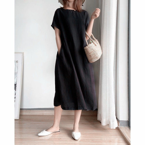Korean Simple Art Dress Cotton Dress large size dress - Black