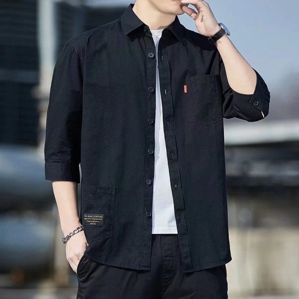 Summer Korean Style Fashion All Match Business Pocket Casual Tooling Three Quarter Sleeve Shirt Men Top - Black