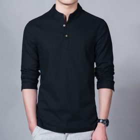 Long Sleeve Slim Fit Men Shirt Stand Collar Plain Casual Linen Shirt Men Pullover - Black