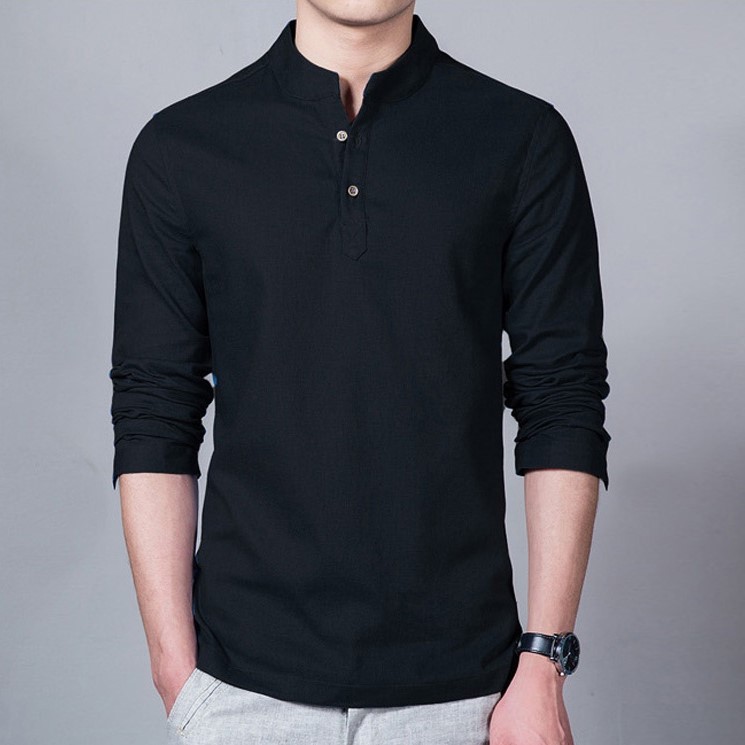 Long Sleeve Slim Fit Men Shirt Stand Collar Plain Casual Linen Shirt Men Pullover - Black - Image 1