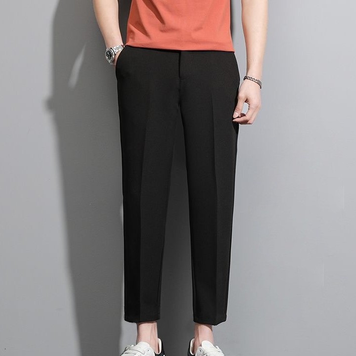 Men Cropped Pants Slim Fit Casual Formal Business Smart Suit Trouser - Black - Image 1