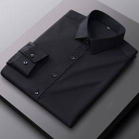 Smart Casual Long Sleeve Non-iron Plain Plus Size Korean Style Office Working Formal Men Dress Shirt - Black - Image 1