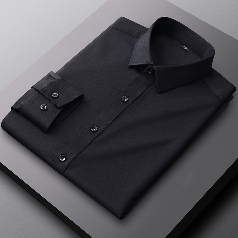 Smart Casual Long Sleeve Non-iron Plain Plus Size Korean Style Office Working Formal Men Dress Shirt - Black - Image 1
