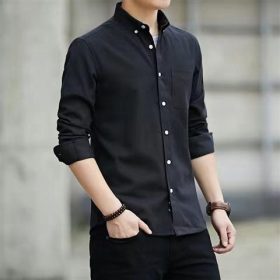 M-5XL Men's Shirt Oxford Formal Long-Sleeved Men Casual Slim Fit Korean Plain Shirts - Black - Image 1