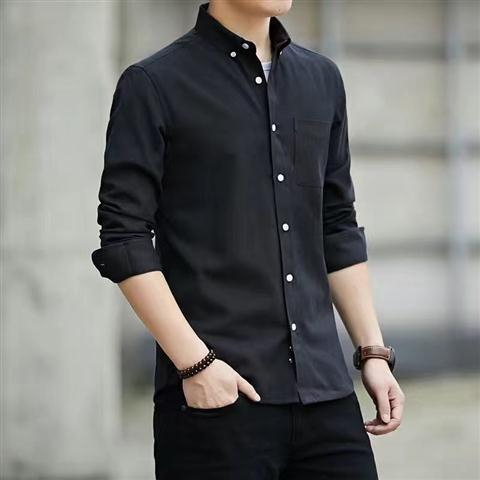 M-5XL Men's Shirt Oxford Formal Long-Sleeved Men Casual Slim Fit Korean Plain Shirts - Black