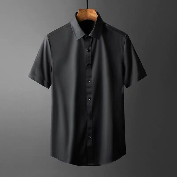 S-5XL Men's Shirts Short Sleeve Business Slim Fit T-shirt Korean Style Trendy Plain Top Official Plus Size - Black