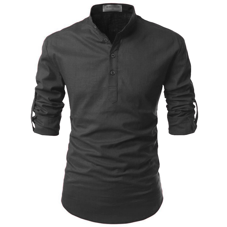 S-5XL Men Kurta Shirts Plain Casual Top Formal Long Sleeve Shirt Oversized XY0604 - Black - Image 1