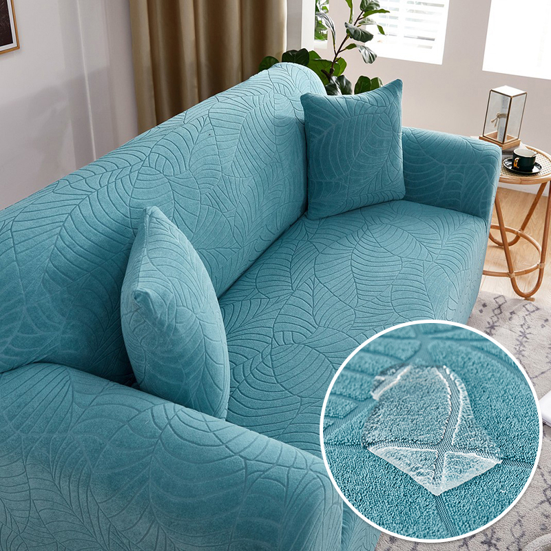 Premium Embossed Leaf Pattern Sofa Cover Waterproof Elastic Stretchable Suede Water Resist - Blue - Image 1