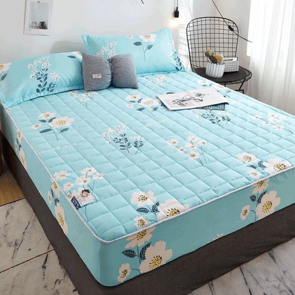 Flower Colored Fitted Sheet Single/Queen/King Fitted Bedsheet with Cotton Anti Slip Mattress Cover - Blue Flower