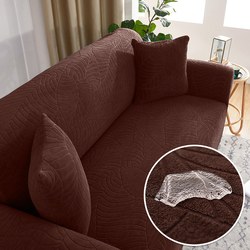 Premium Embossed Leaf Pattern Sofa Cover Waterproof Elastic Stretchable Suede Water Resist - Brown - Image 1
