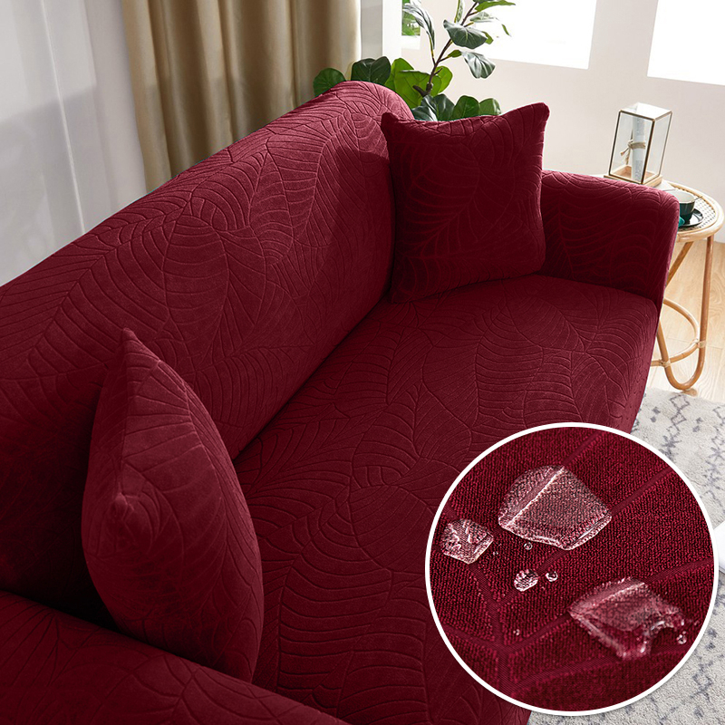 Premium Embossed Leaf Pattern Sofa Cover Waterproof Elastic Stretchable Suede Water Resist - Burgundy Red - Image 1