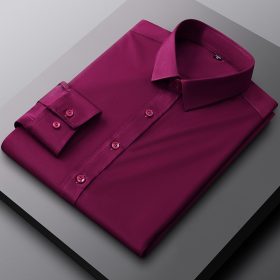 Smart Casual Long Sleeve Non-iron Plain Plus Size Korean Style Office Working Formal Men Dress Shirt - Burgundy Red