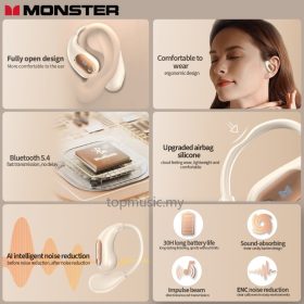 Monster Open Ear AC210 Wireless Earphone Bluetooth 5.4 TWS Sports Earphone Waterproof In-Ear HiFi Stereo Noise Canceling Earbuds - White - Image 9