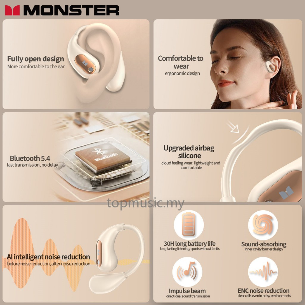 Monster Open Ear AC210 Wireless Earphone Bluetooth 5.4 TWS Sports Earphone Waterproof In-Ear HiFi Stereo Noise Canceling Earbuds - White - Image 9