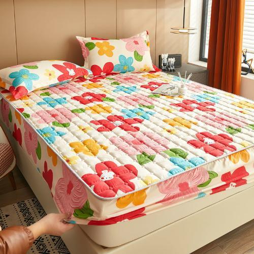 Flower Colored Fitted Sheet Single/Queen/King Fitted Bedsheet with Cotton Anti Slip Mattress Cover - Peach Colorful Flower