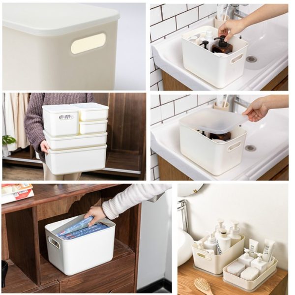 Storage Box Plastic Document Sundries Holder Cabinet Storage Organizer with Lid - Fresh White M