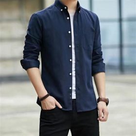 M-5XL Men's Shirt Oxford Formal Long-Sleeved Men Casual Slim Fit Korean Plain Shirts - Dark Blue