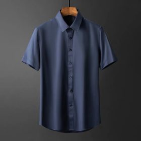 S-5XL Men's Shirts Short Sleeve Business Slim Fit T-shirt Korean Style Trendy Plain Top Official Plus Size - Dark Blue - Image 1