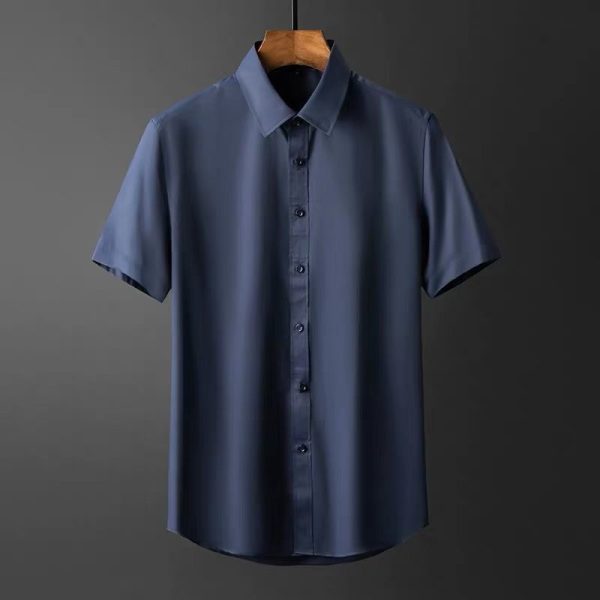 S-5XL Men's Shirts Short Sleeve Business Slim Fit T-shirt Korean Style Trendy Plain Top Official Plus Size - Dark Blue