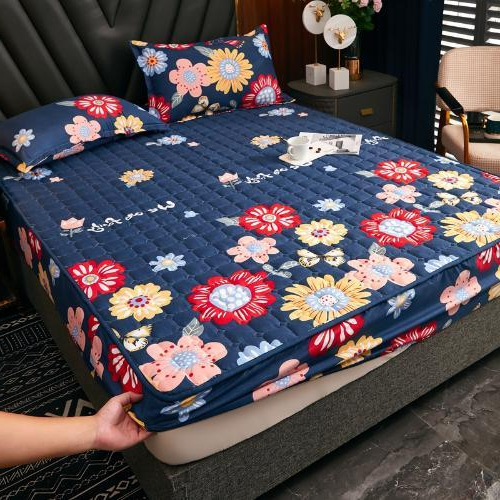Flower Colored Fitted Sheet Single/Queen/King Fitted Bedsheet with Cotton Anti Slip Mattress Cover - Dark Blue