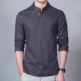 Long Sleeve Slim Fit Men Shirt Stand Collar Plain Casual Linen Shirt Men Pullover - Dark Grey
