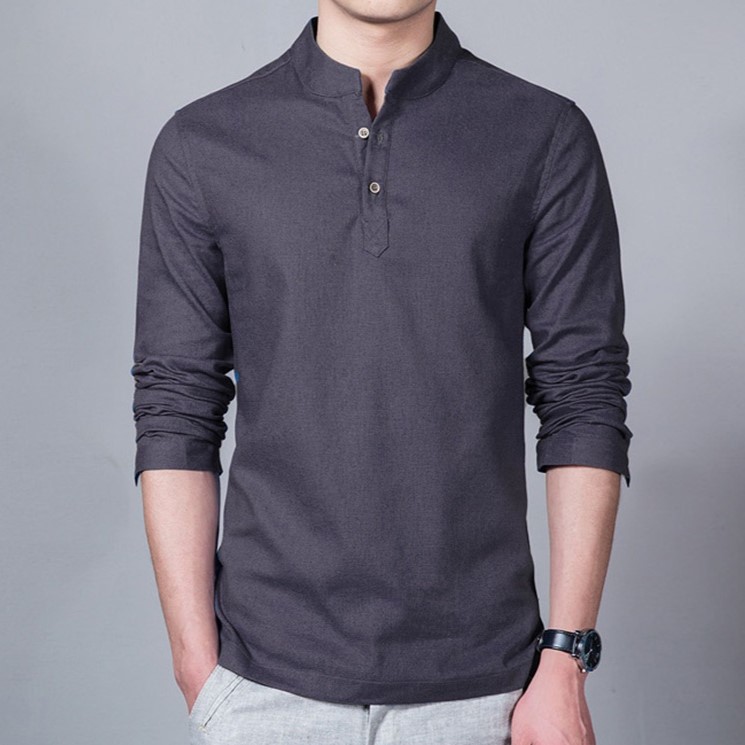 Long Sleeve Slim Fit Men Shirt Stand Collar Plain Casual Linen Shirt Men Pullover - Dark Grey - Image 1