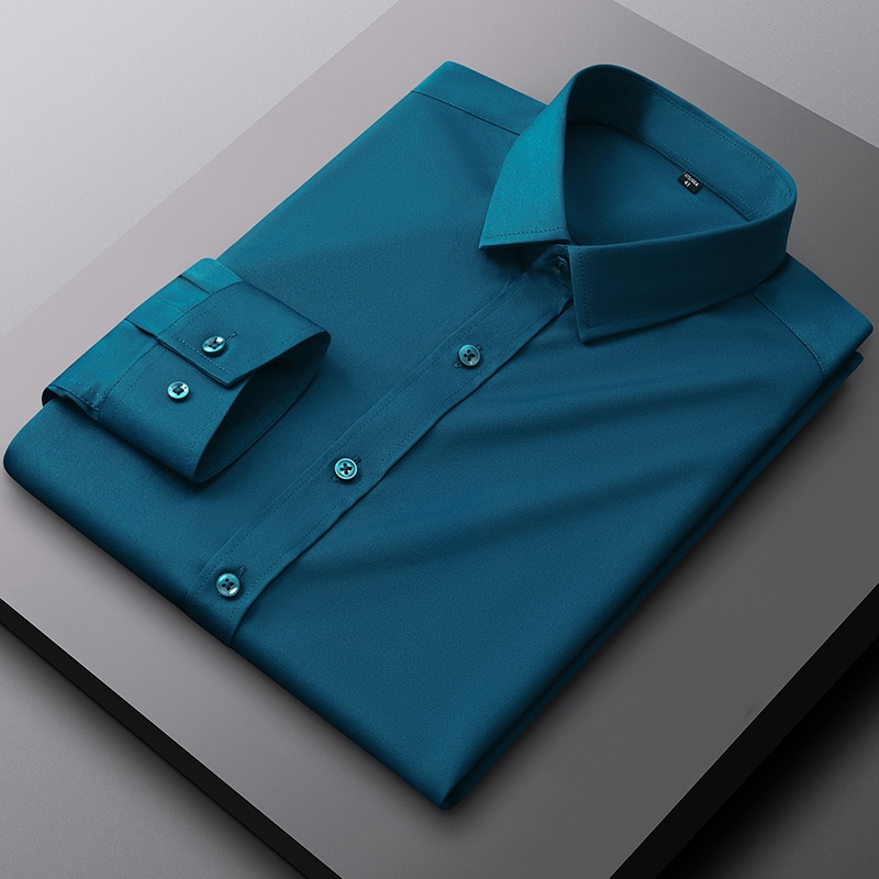 Smart Casual Long Sleeve Non-iron Plain Plus Size Korean Style Office Working Formal Men Dress Shirt - Dark Green - Image 1