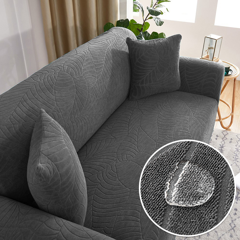 Premium Embossed Leaf Pattern Sofa Cover Waterproof Elastic Stretchable Suede Water Resist - Dark Grey - Image 1