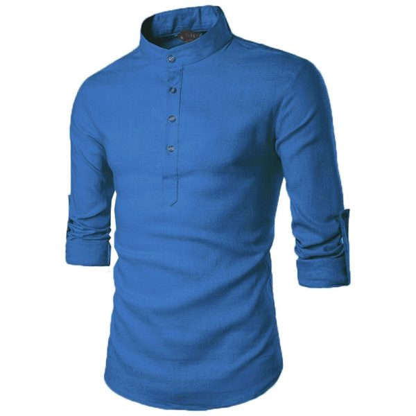S-5XL Men Kurta Shirts Plain Casual Top Formal Long Sleeve Shirt Oversized XY0604 - Denim Blue