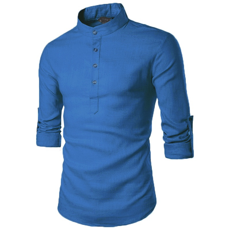 S-5XL Men Kurta Shirts Plain Casual Top Formal Long Sleeve Shirt Oversized XY0604 - Denim Blue - Image 1