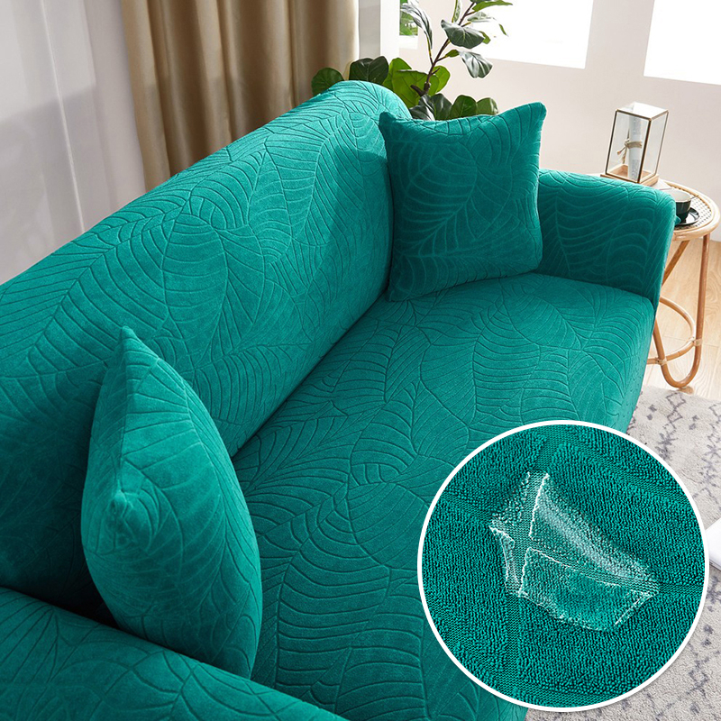Premium Embossed Leaf Pattern Sofa Cover Waterproof Elastic Stretchable Suede Water Resist - Emerald Green - Image 1