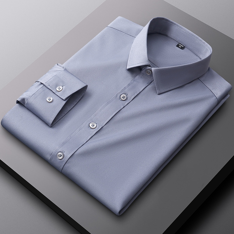Smart Casual Long Sleeve Non-iron Plain Plus Size Korean Style Office Working Formal Men Dress Shirt - Gray - Image 1