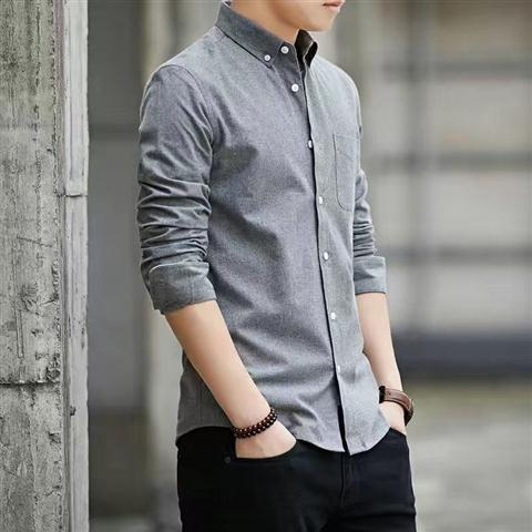 M-5XL Men's Shirt Oxford Formal Long-Sleeved Men Casual Slim Fit Korean Plain Shirts - Gray