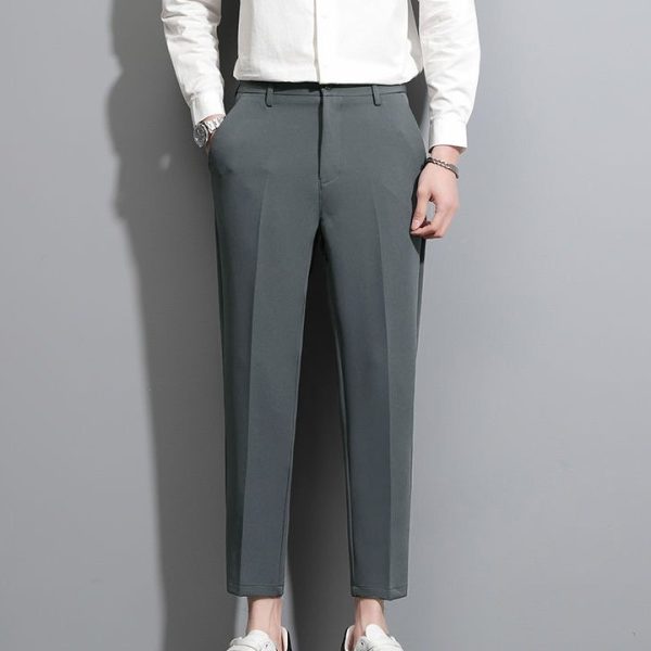 Men Cropped Pants Slim Fit Casual Formal Business Smart Suit Trouser - Gray