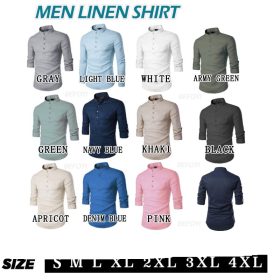 S-5XL Men Kurta Shirts Plain Casual Top Formal Long Sleeve Shirt Oversized XY0604 - Denim Blue - Image 3