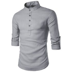 S-5XL Men Kurta Shirts Plain Casual Top Formal Long Sleeve Shirt Oversized XY0604 - Gray - Image 1