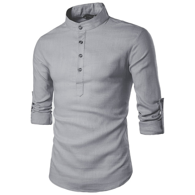 S-5XL Men Kurta Shirts Plain Casual Top Formal Long Sleeve Shirt Oversized XY0604 - Gray - Image 1