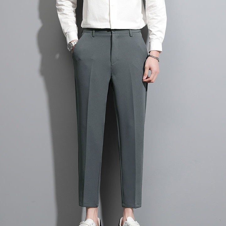 Men Cropped Pants Slim Fit Casual Formal Business Smart Suit Trouser - Gray - Image 1