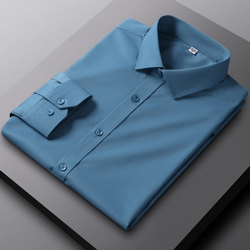 Smart Casual Long Sleeve Non-iron Plain Plus Size Korean Style Office Working Formal Men Dress Shirt - Gray Green - Image 1