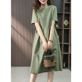 Cotton Linen Dress Mid-Length Dress 2023 Spring Summer New Style Korean Loose Slimmer Look Solid Color Dress J123 - Green - Image 1
