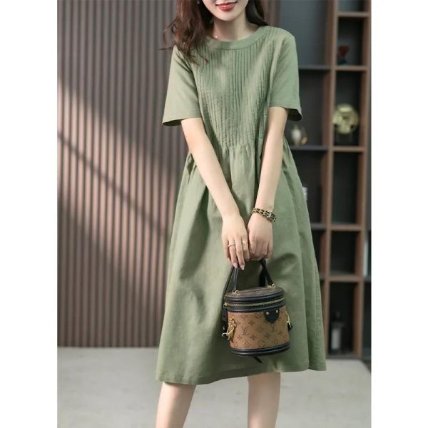 Cotton Linen Dress Mid-Length Dress 2023 Spring Summer New Style Korean Loose Slimmer Look Solid Color Dress J123 - Green