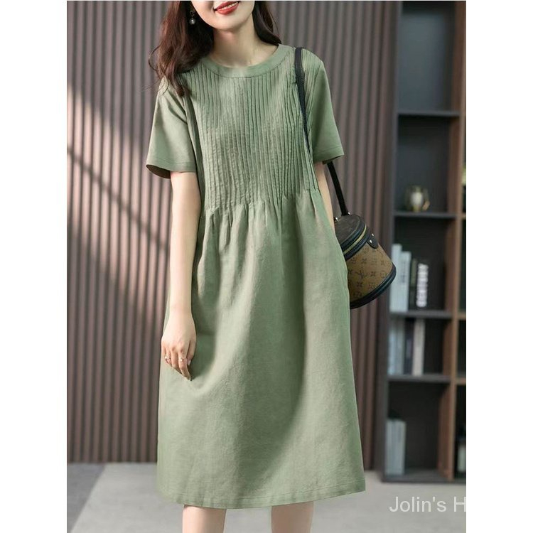 Cotton Linen Dress Mid-Length Dress 2023 Spring Summer New Style Korean Loose Slimmer Look Solid Color Dress J123 - Green - Image 2