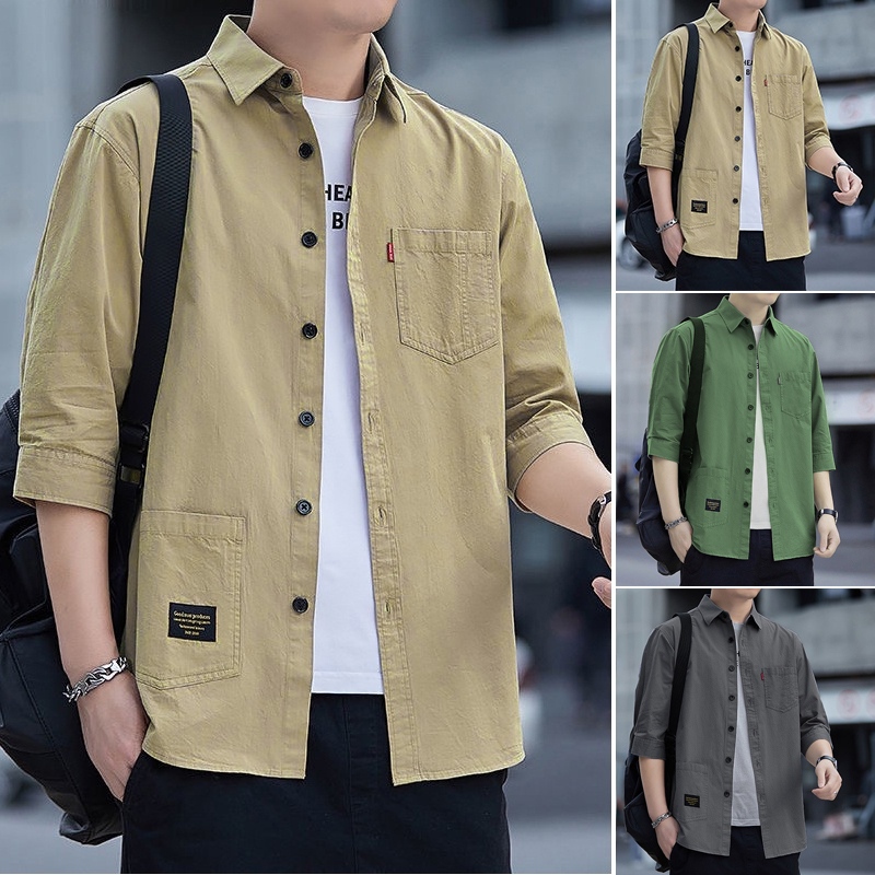 Summer Korean Style Fashion All Match Business Pocket Casual Tooling Three Quarter Sleeve Shirt Men Top - Green - Image 2