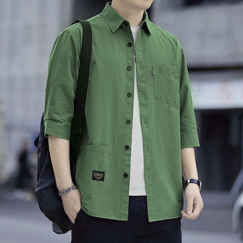 Summer Korean Style Fashion All Match Business Pocket Casual Tooling Three Quarter Sleeve Shirt Men Top - Green - Image 1