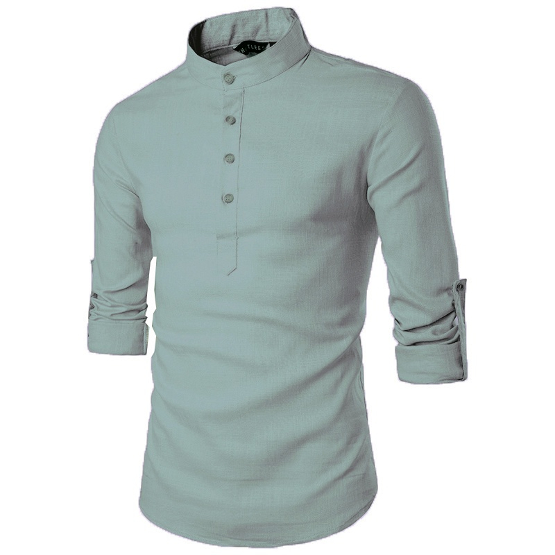 S-5XL Men Kurta Shirts Plain Casual Top Formal Long Sleeve Shirt Oversized XY0604 - Light Green - Image 1