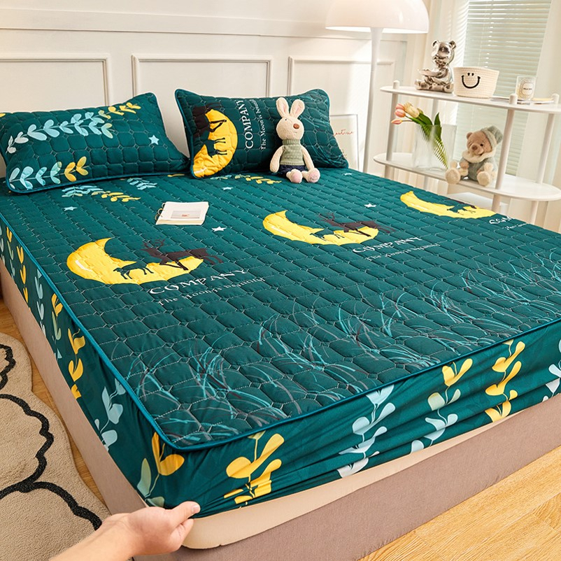 Flower Colored Fitted Sheet Single/Queen/King Fitted Bedsheet with Cotton Anti Slip Mattress Cover - Green Moon - Image 1