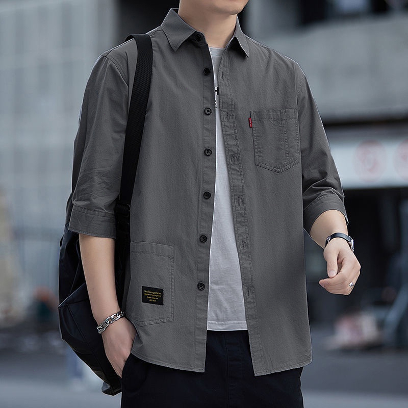 Summer Korean Style Fashion All Match Business Pocket Casual Tooling Three Quarter Sleeve Shirt Men Top - Grey - Image 1