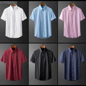 S-5XL Men's Shirts Short Sleeve Business Slim Fit T-shirt Korean Style Trendy Plain Top Official Plus Size - Red Wine - Image 2